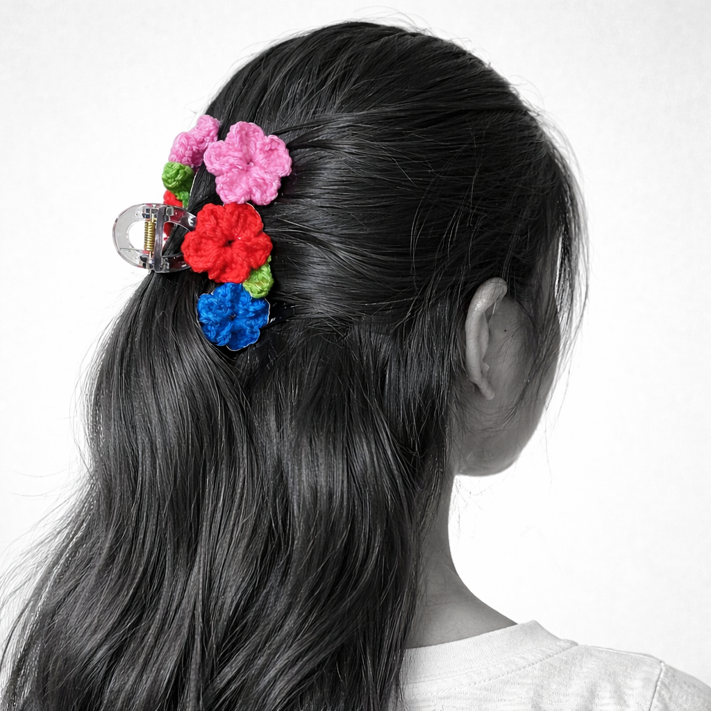 Handmade Crochet 3-Flower Hair Claw Clip – Colorful Floral Hair Accessory