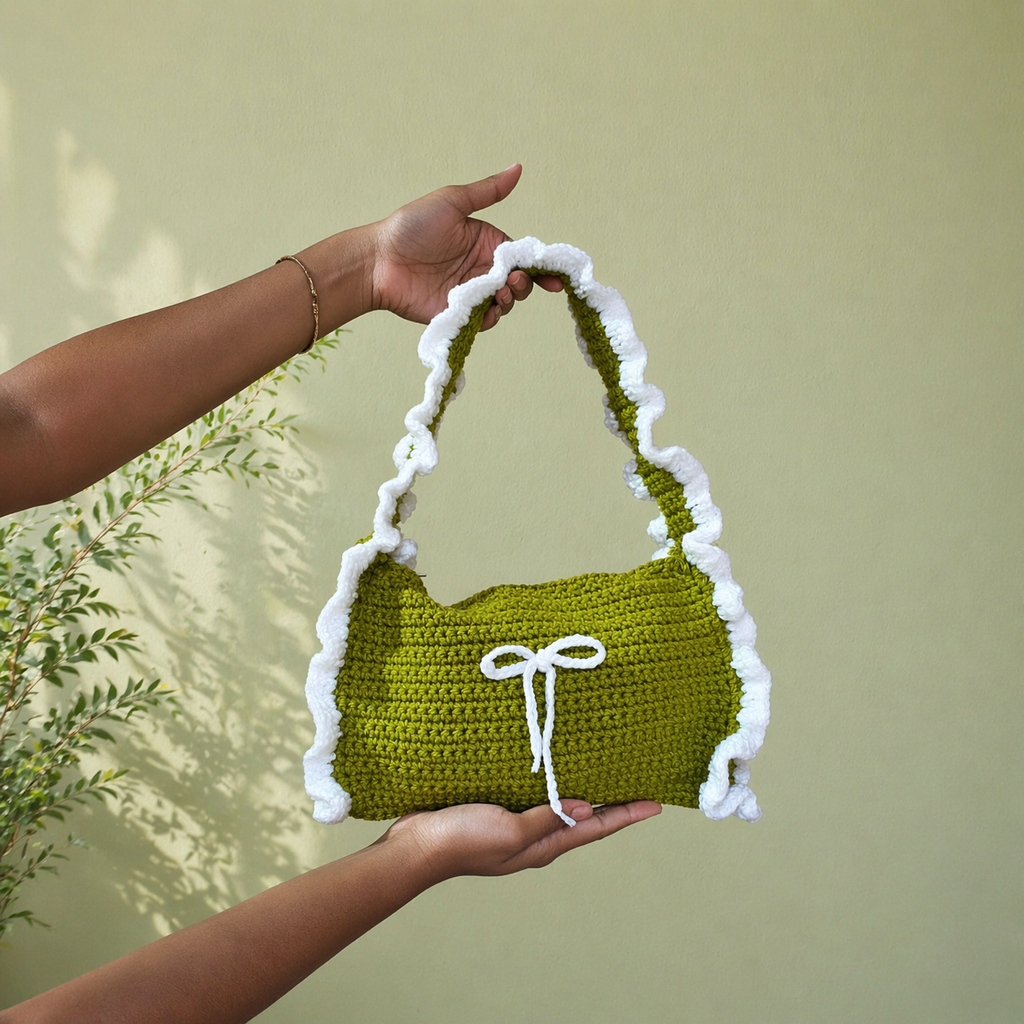 Handmade Crochet Shoulder Bag – With White Ruffle Trim | Aesthetic Handmade Purse
