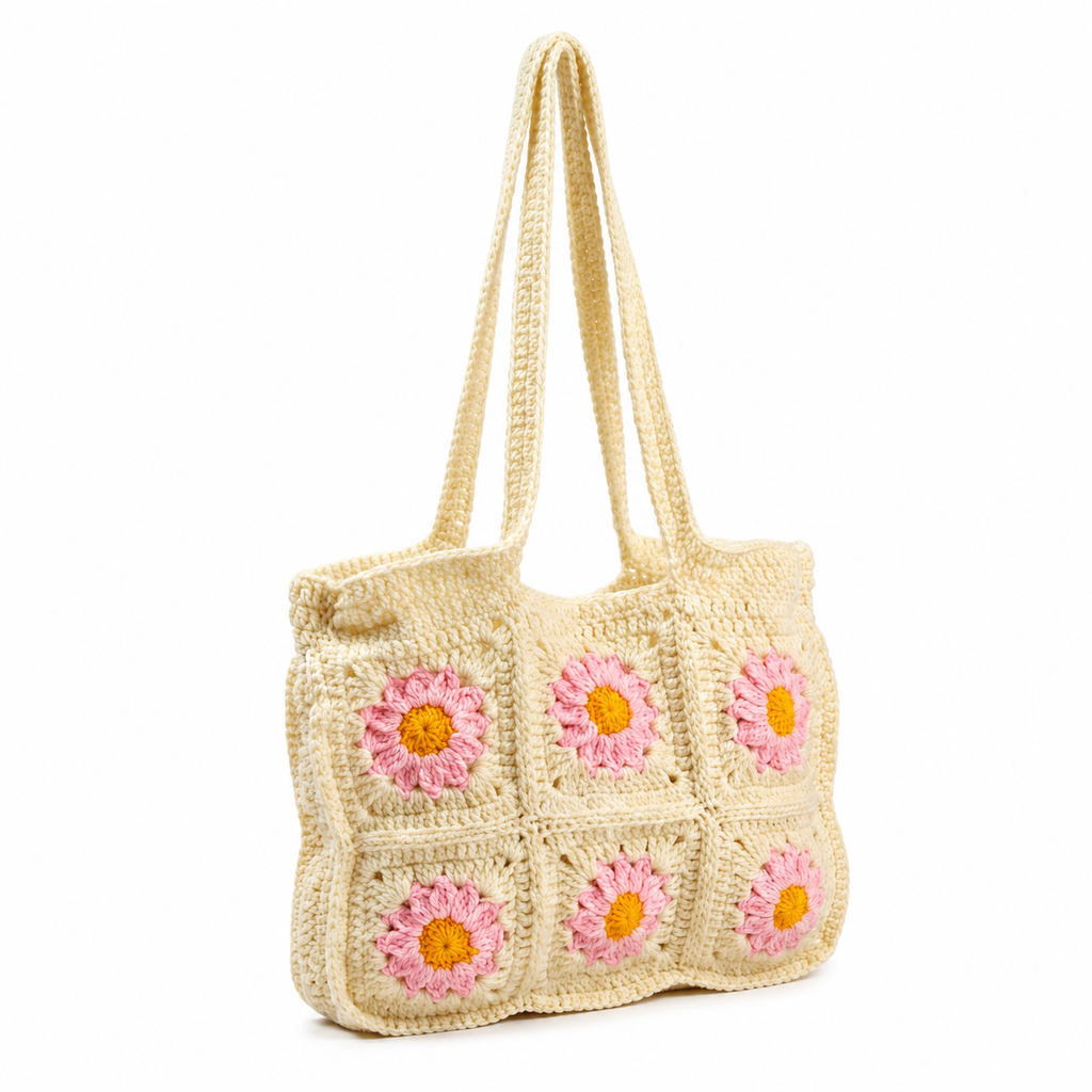 Handmade Crochet Tote Bag with Floral Lining | Granny Square Shoulder Bag