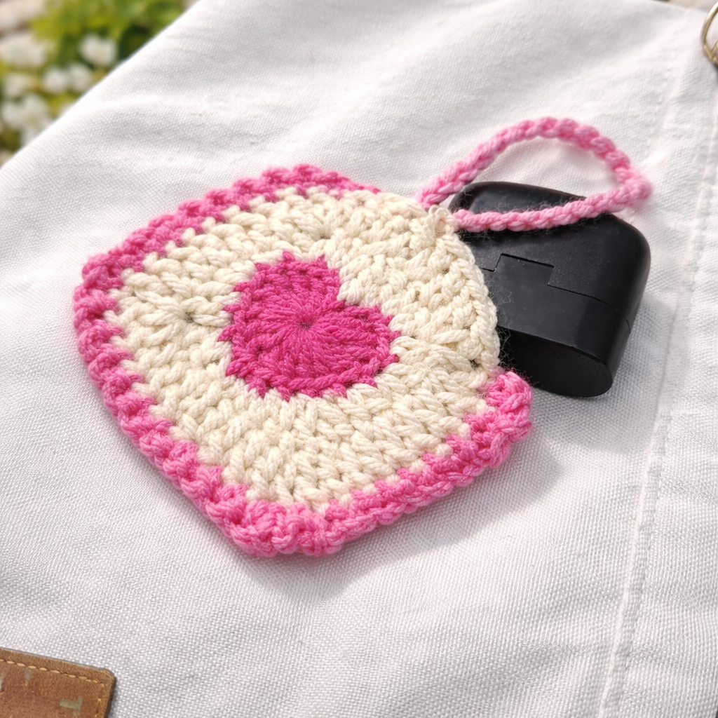 Handmade Crochet Heart Earbud Pouch (Cute & Protective Case - Pink)