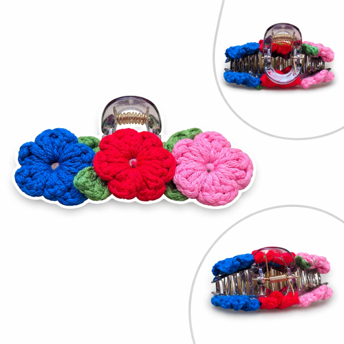 Handmade Crochet 3-Flower Hair Claw Clip – Colorful Floral Hair Accessory