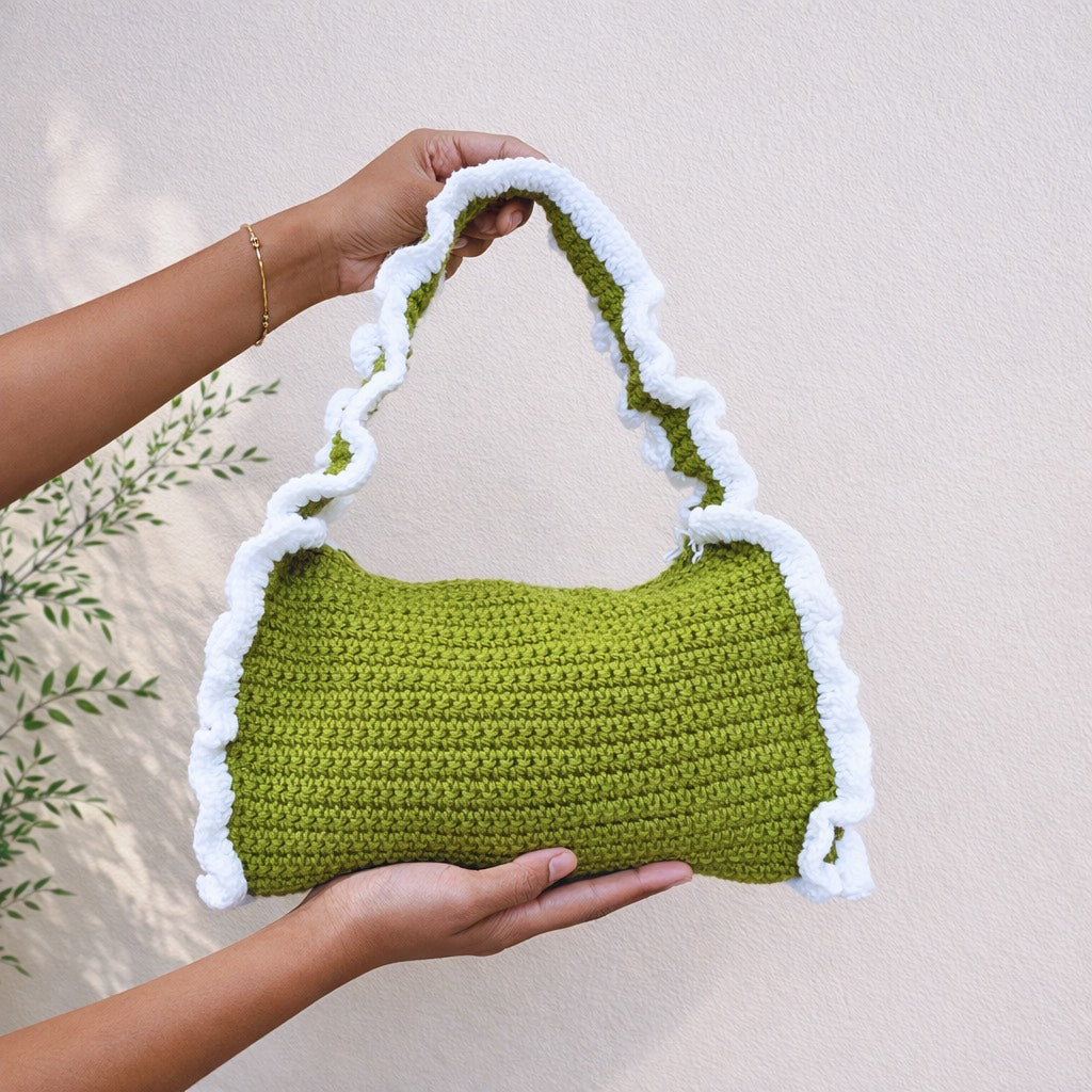 Handmade Crochet Shoulder Bag – With White Ruffle Trim | Aesthetic Handmade Purse