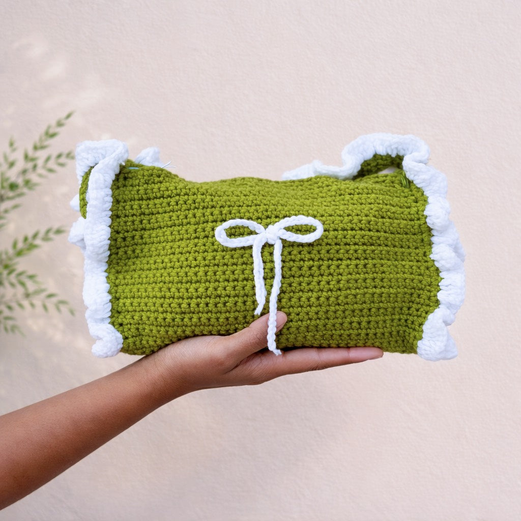 Handmade Crochet Shoulder Bag – With White Ruffle Trim | Aesthetic Handmade Purse