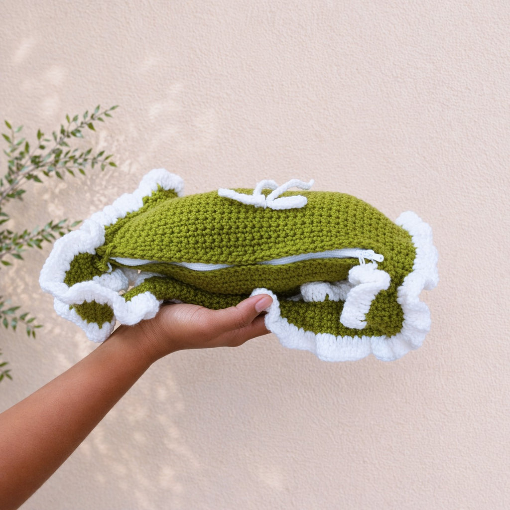 Handmade Crochet Shoulder Bag – With White Ruffle Trim | Aesthetic Handmade Purse