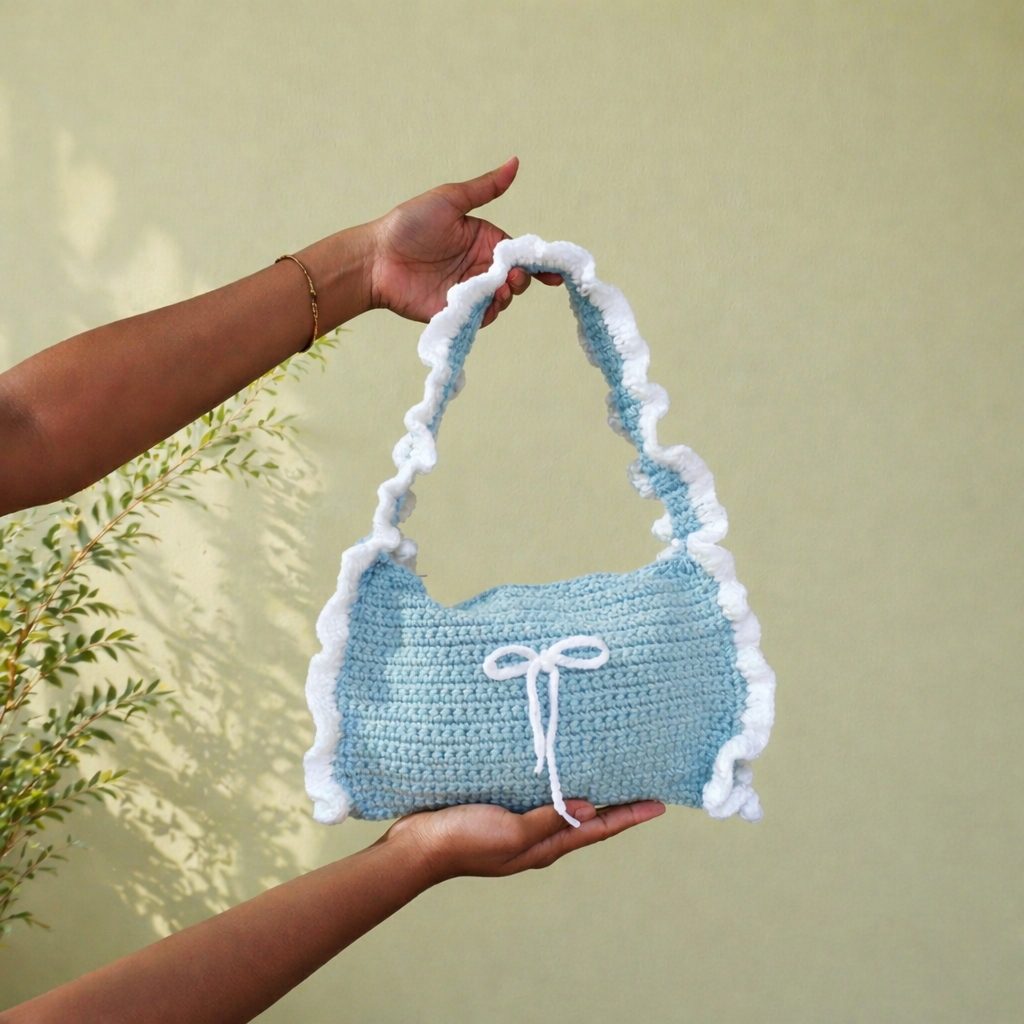 Handmade Crochet Shoulder Bag – With White Ruffle Trim | Aesthetic Handmade Purse