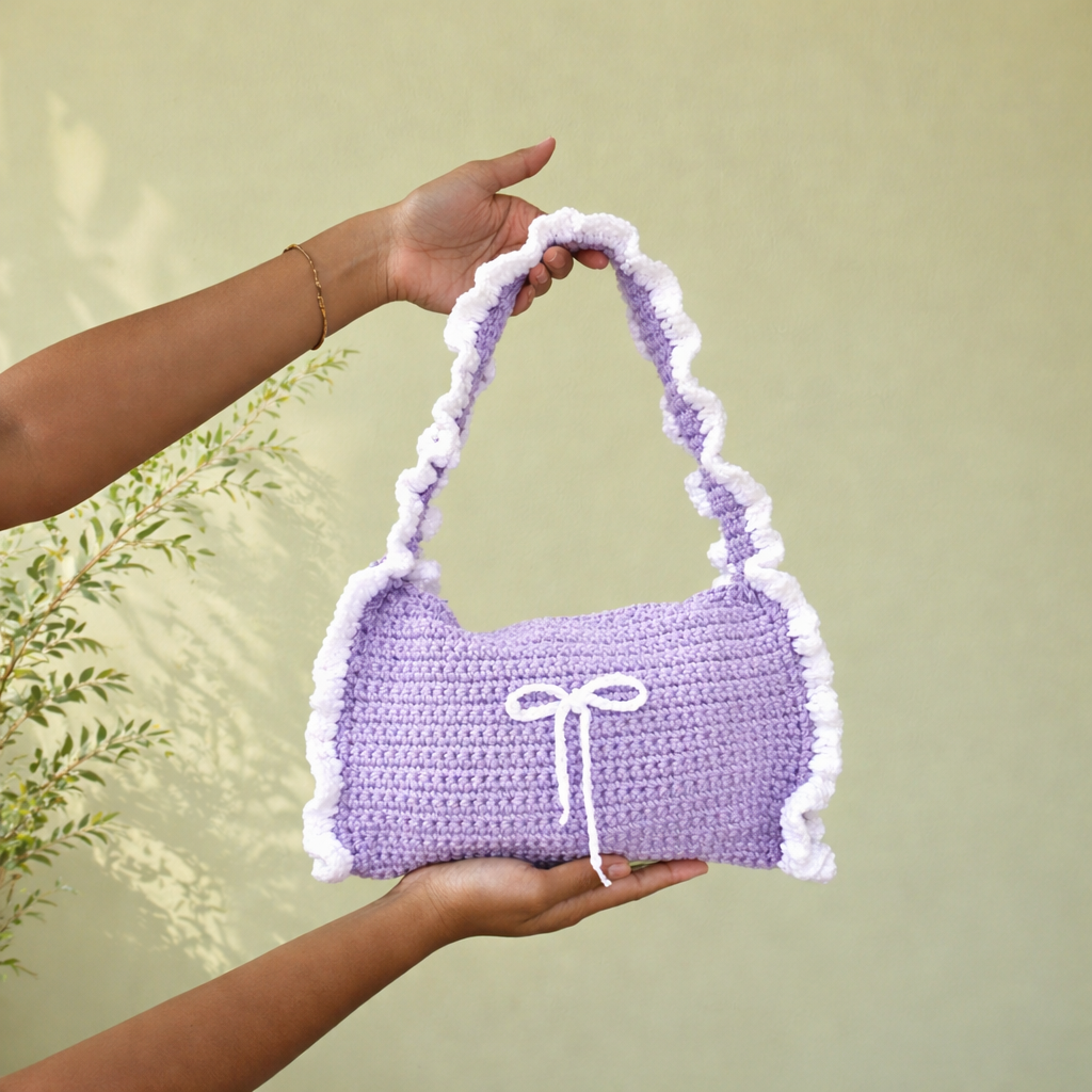 Handmade Crochet Shoulder Bag – With White Ruffle Trim | Aesthetic Handmade Purse (Sky Blue)