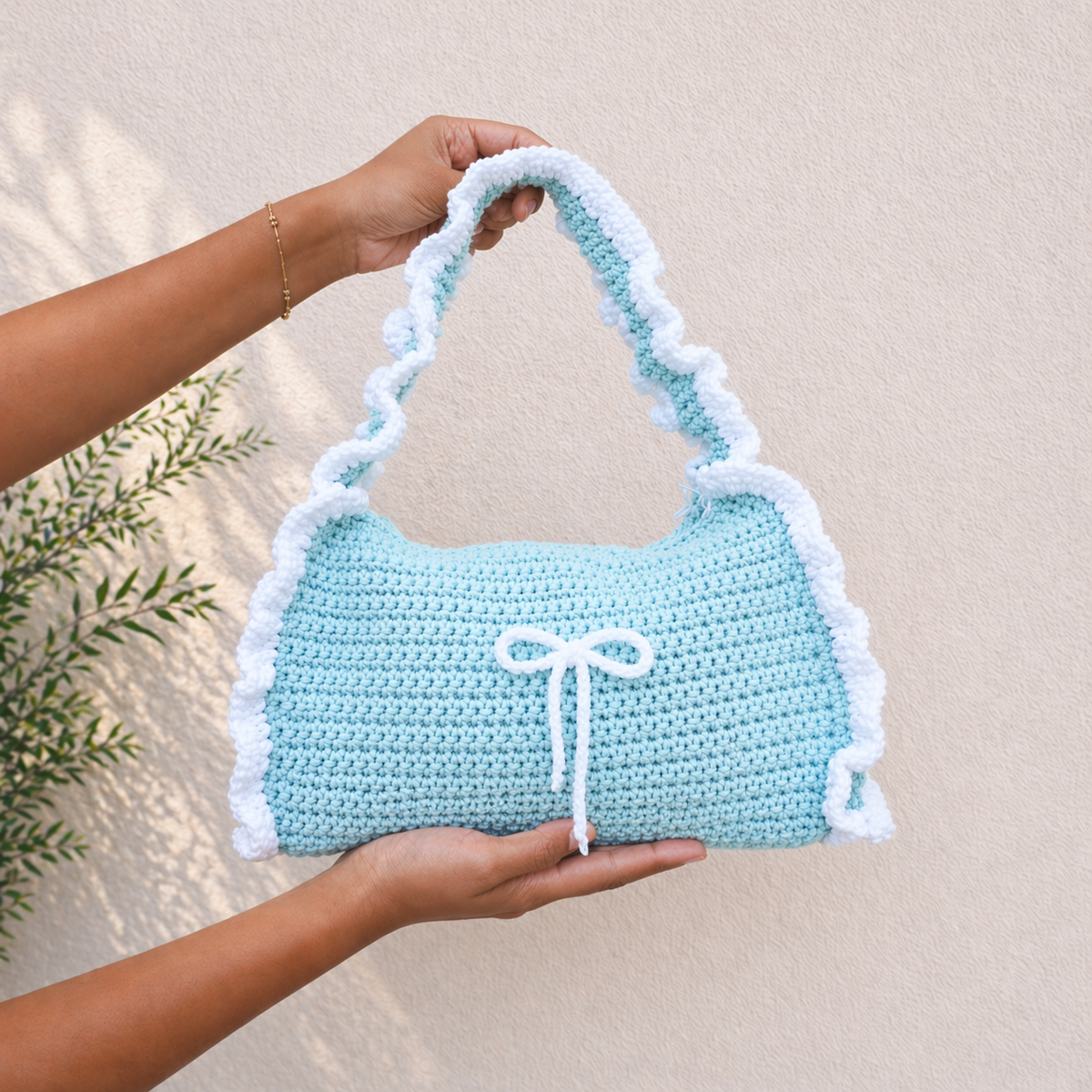 Handmade Crochet Hand Bag – With White Ruffle Trim