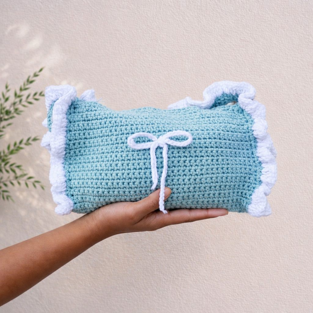 Handmade Crochet Shoulder Bag – With White Ruffle Trim | Aesthetic Handmade Purse (Sky-Blue)