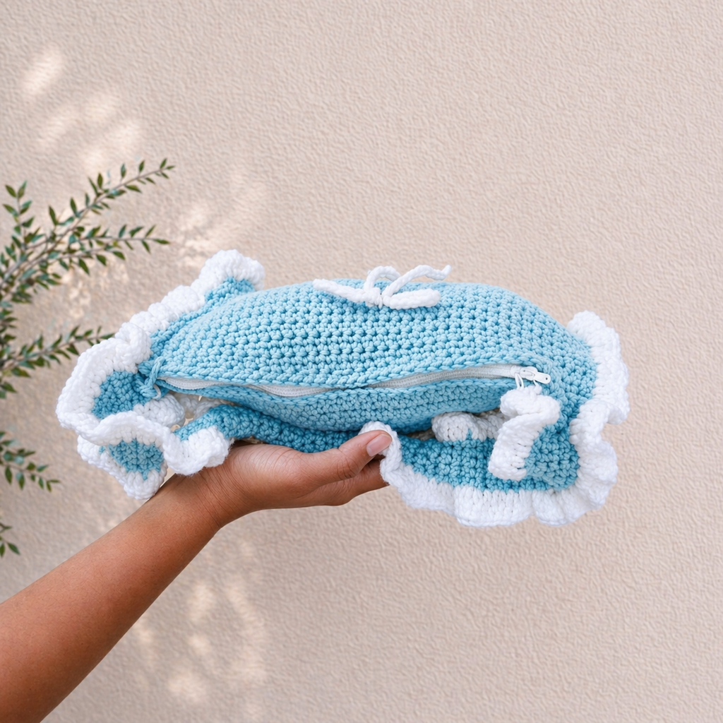 Handmade Crochet Shoulder Bag – With White Ruffle Trim | Aesthetic Handmade Purse (Sky-Blue)