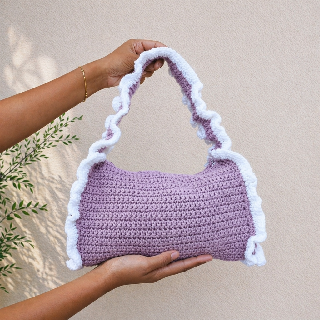 Handmade Crochet Shoulder Bag – With White Ruffle Trim | Aesthetic Handmade Purse (Sky Blue)