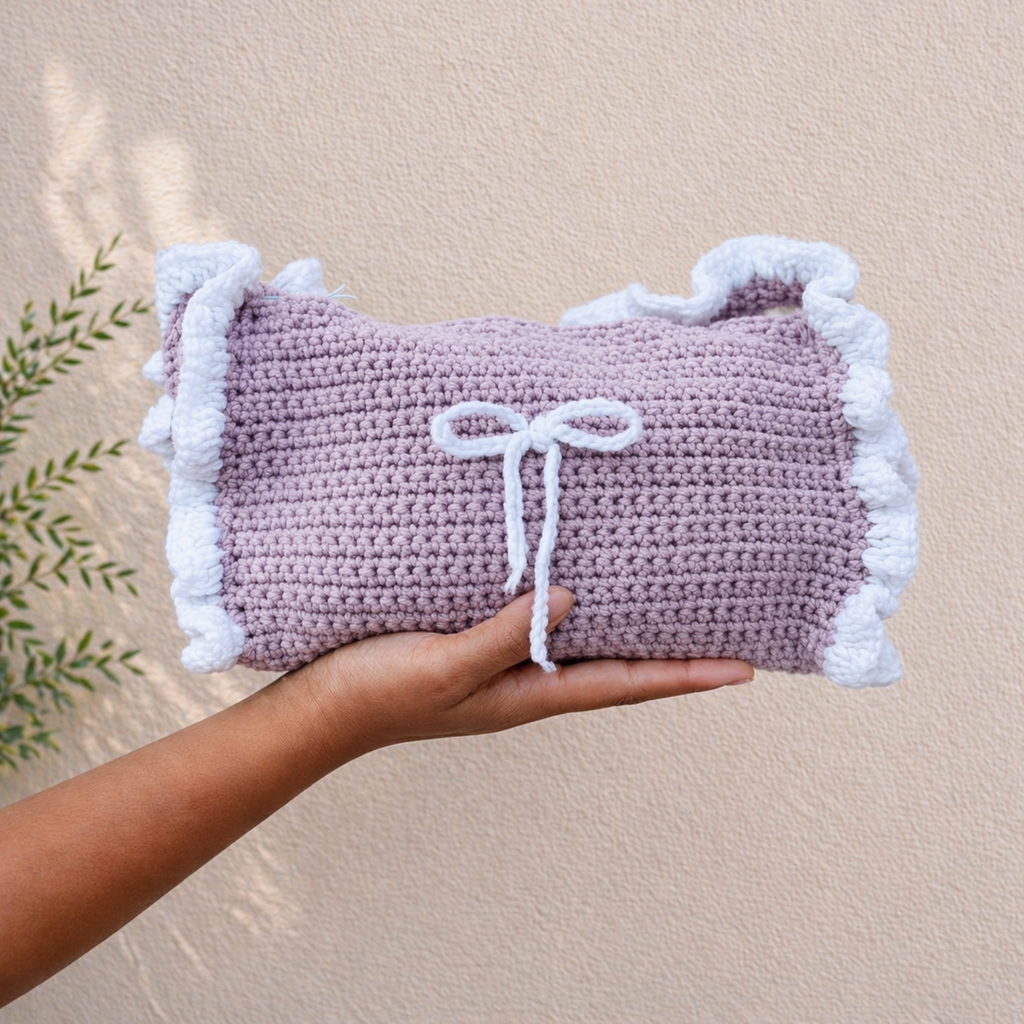 Handmade Crochet Shoulder Bag – With White Ruffle Trim | Aesthetic Handmade Purse (Sky Blue)
