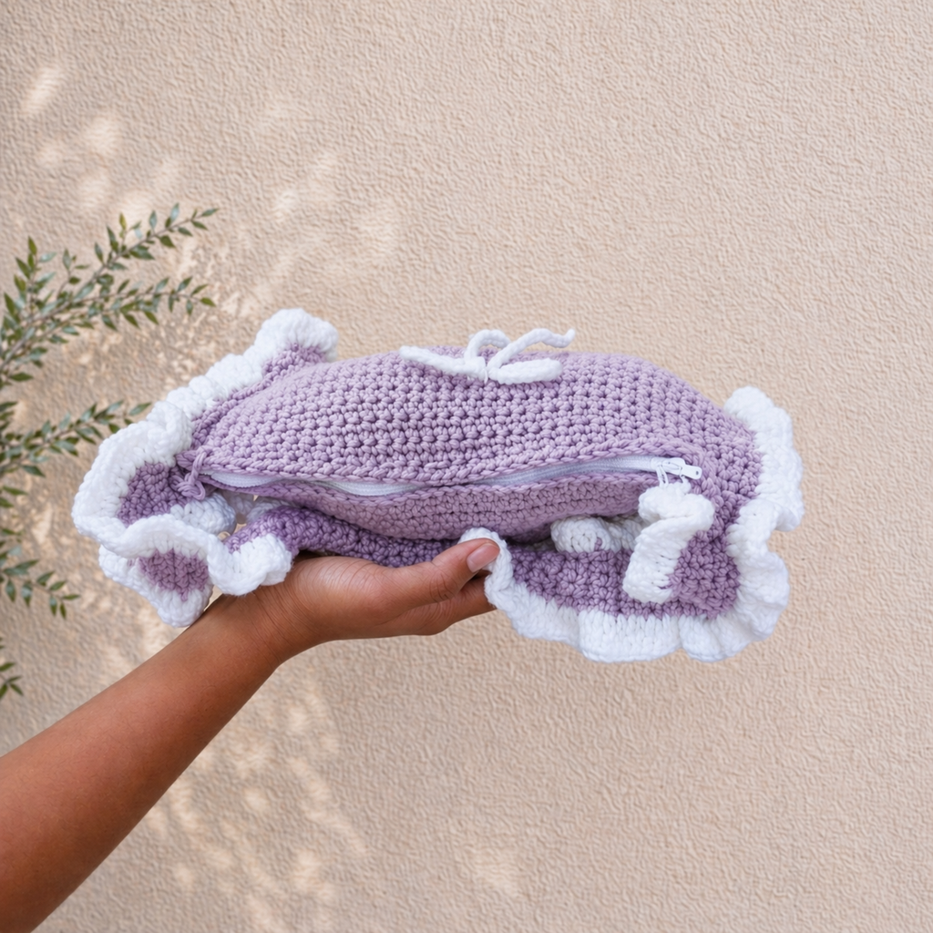 Handmade Crochet Shoulder Bag – With White Ruffle Trim | Aesthetic Handmade Purse (Sky Blue)