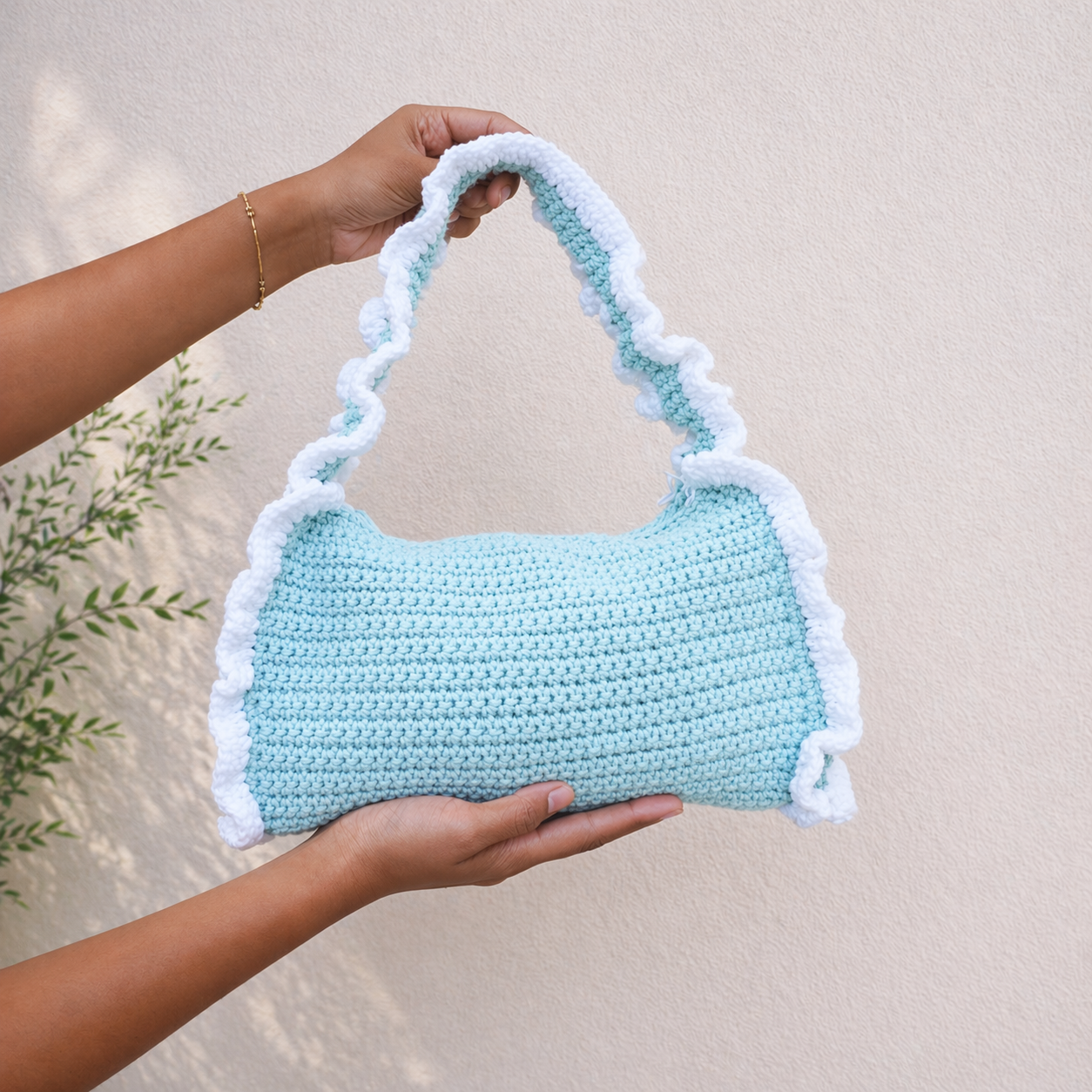 Handmade Crochet Shoulder Bag – With White Ruffle Trim | Aesthetic Handmade Purse (Sky-Blue)