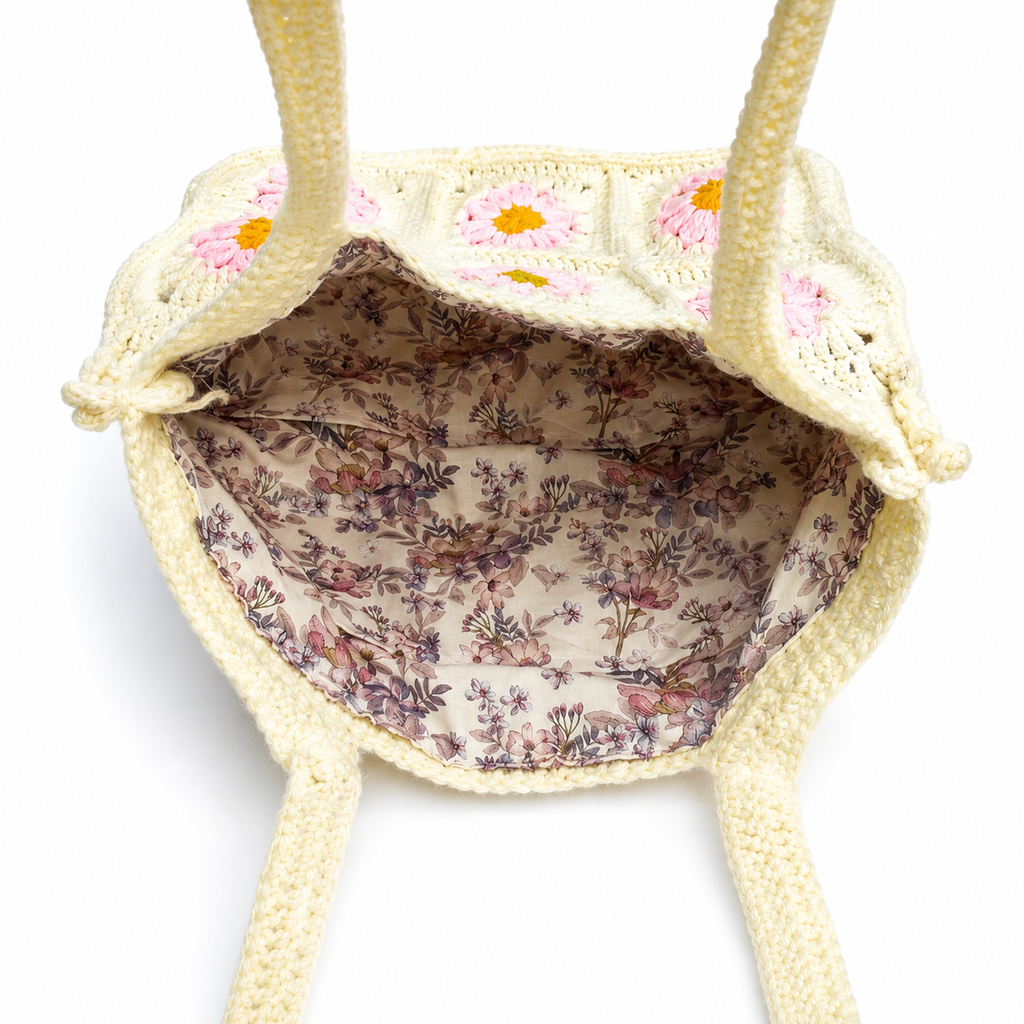 Handmade Crochet Tote Bag with Floral Lining | Granny Square Shoulder Bag