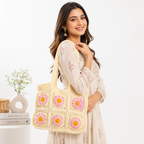 Handmade Crochet Tote Bag with Floral Lining | Granny Square Shoulder Bag
