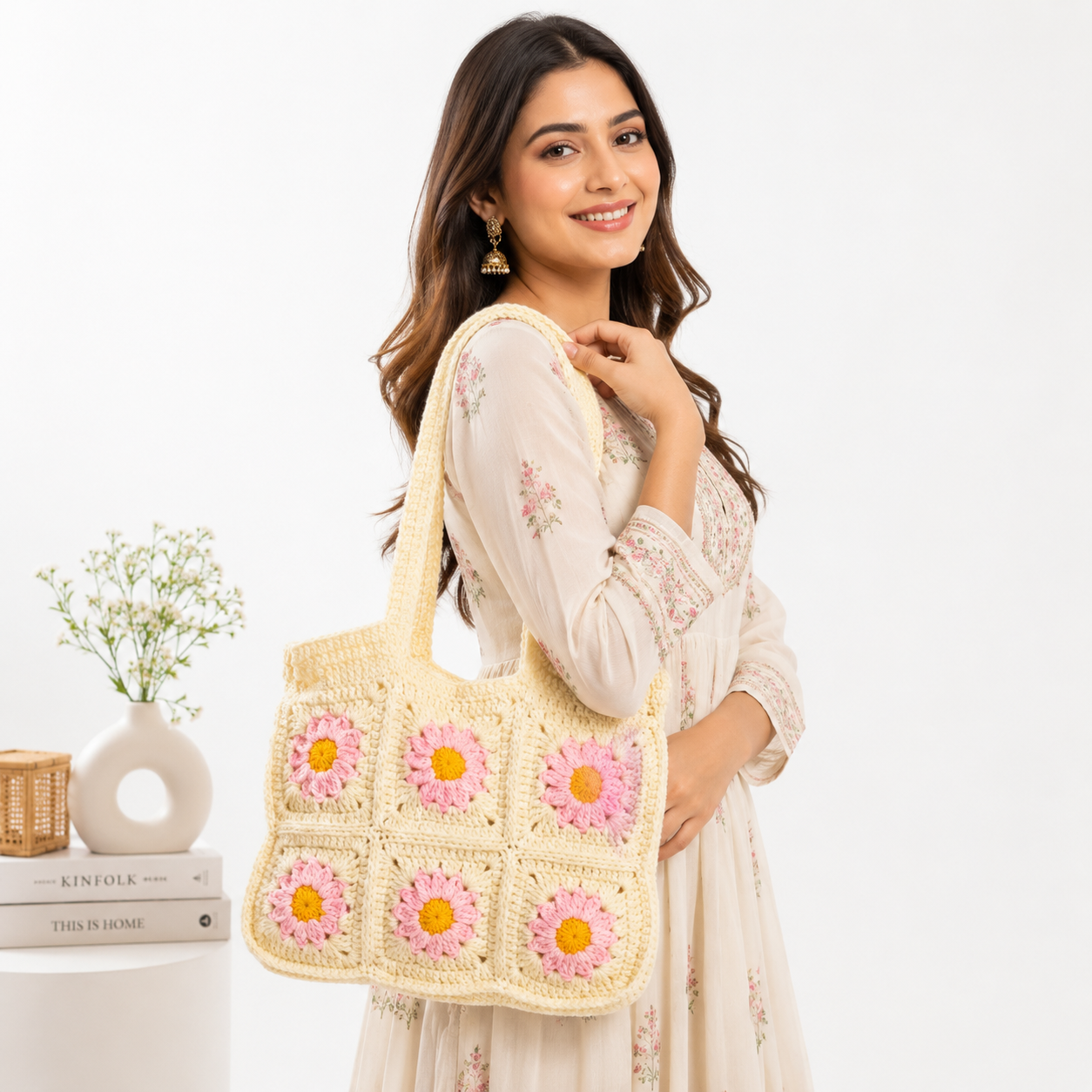 Handmade Crochet Tote Bag with Floral Lining | Granny Square Shoulder Bag