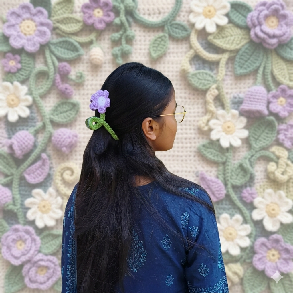 Handmade Crochet Flower Hair Claw Clip (Dual Floral Design) - set of 2