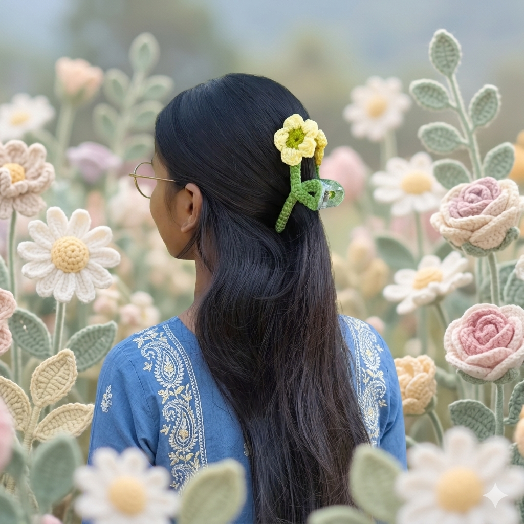Handmade Crochet Flower Hair Claw Clip (Dual Floral Design) - set of 2