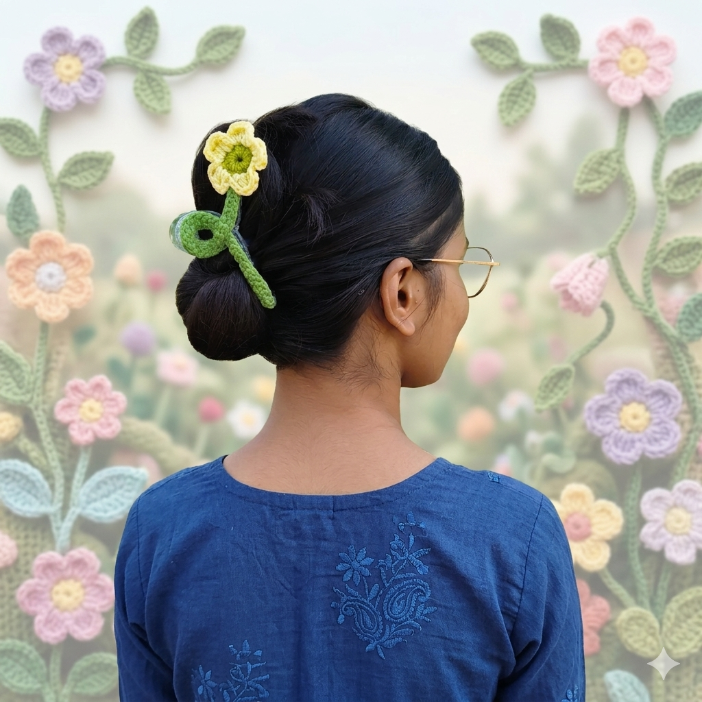 Handmade Crochet Flower Hair Claw Clip (Dual Floral Design) - set of 2