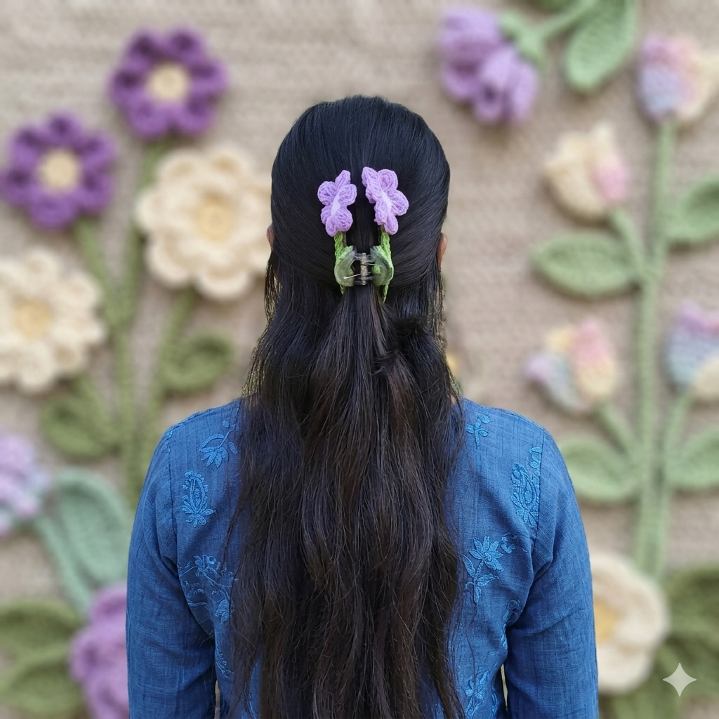 Handmade Crochet Flower Hair Claw Clip (Dual Floral Design) - set of 2