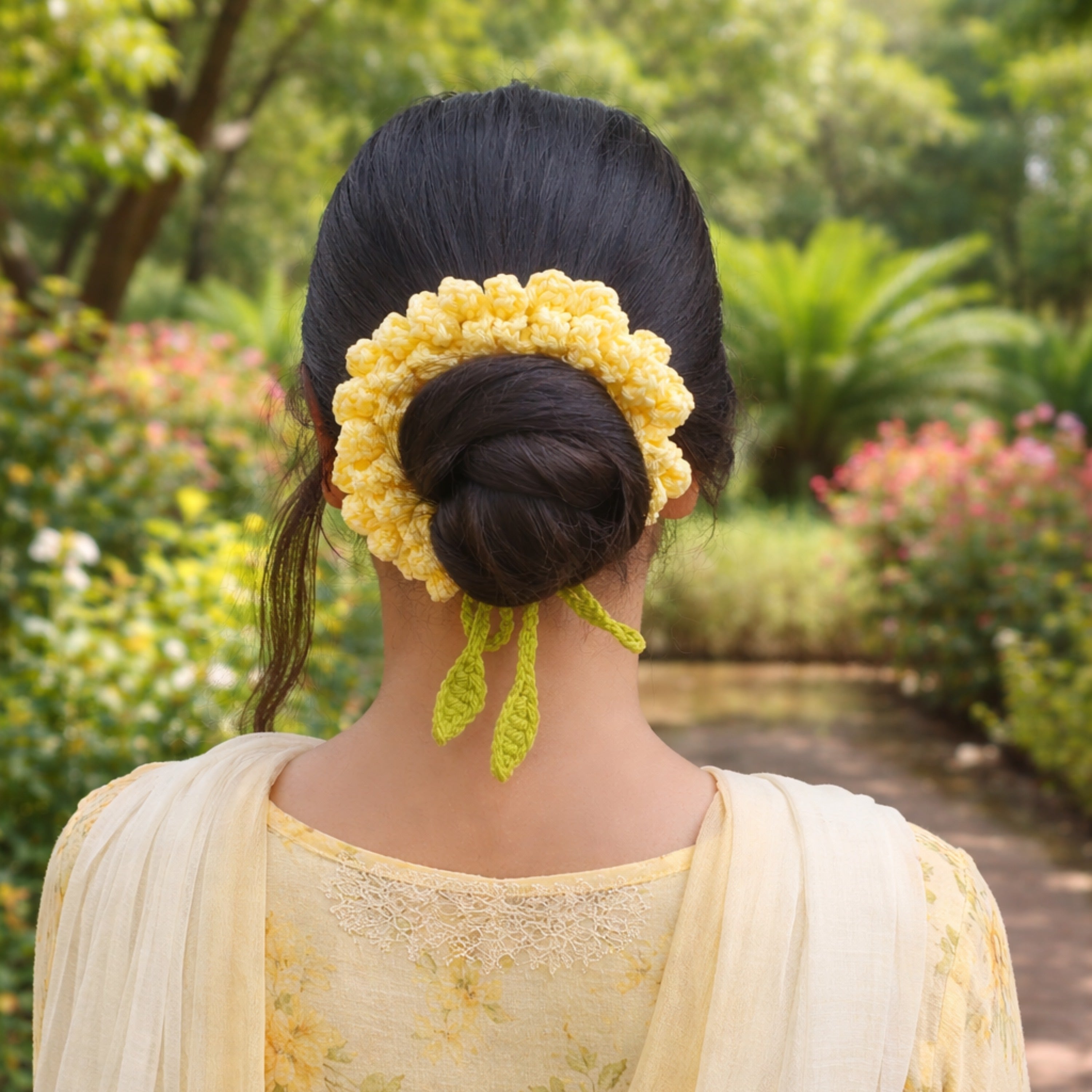 Handmade Crochet Hair Scrunchie – Floral Style Soft Hair Tie with Leaf Detail (Set of 2)