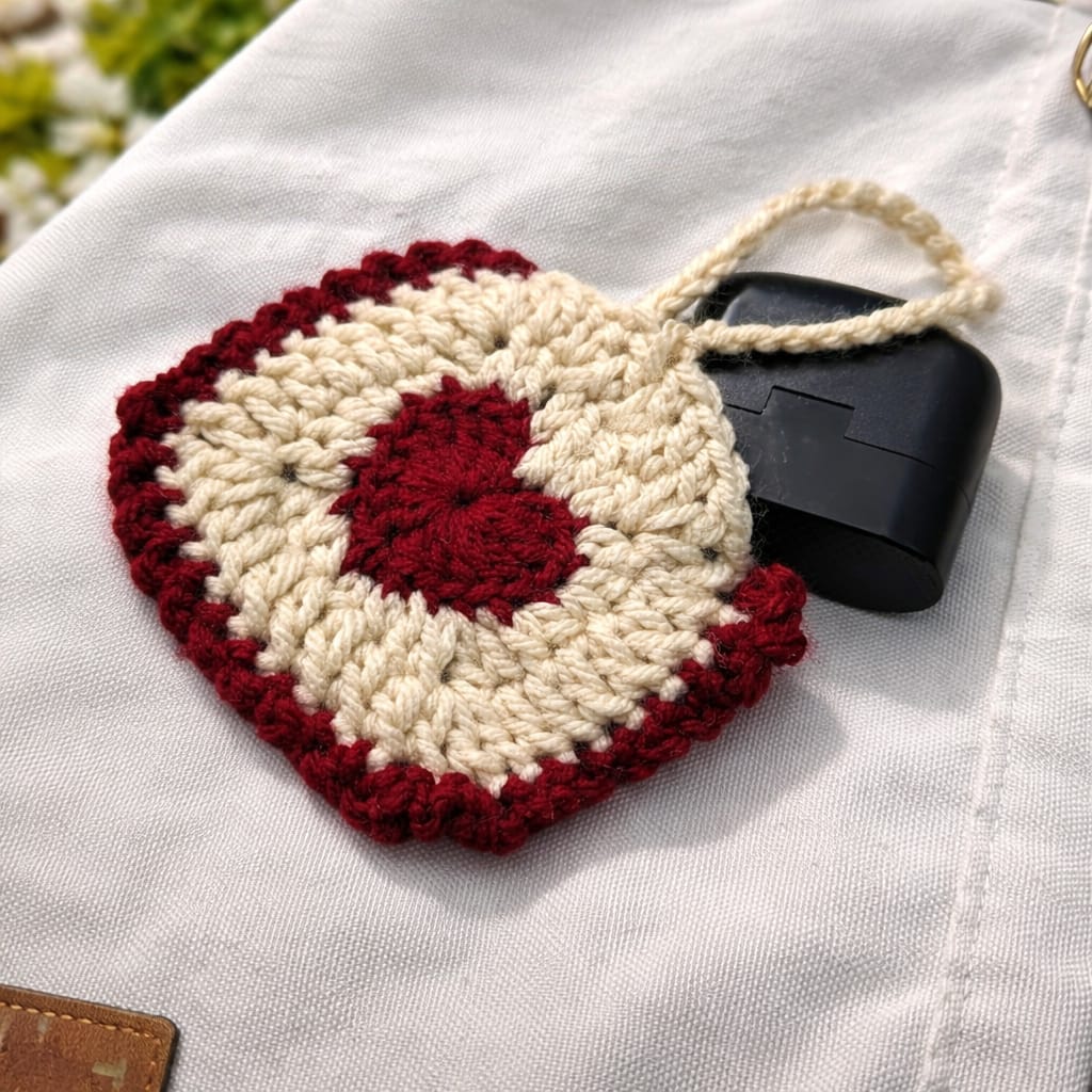 Handmade Crochet Heart Earbud Pouch (Cute & Protective Case - Maroon)