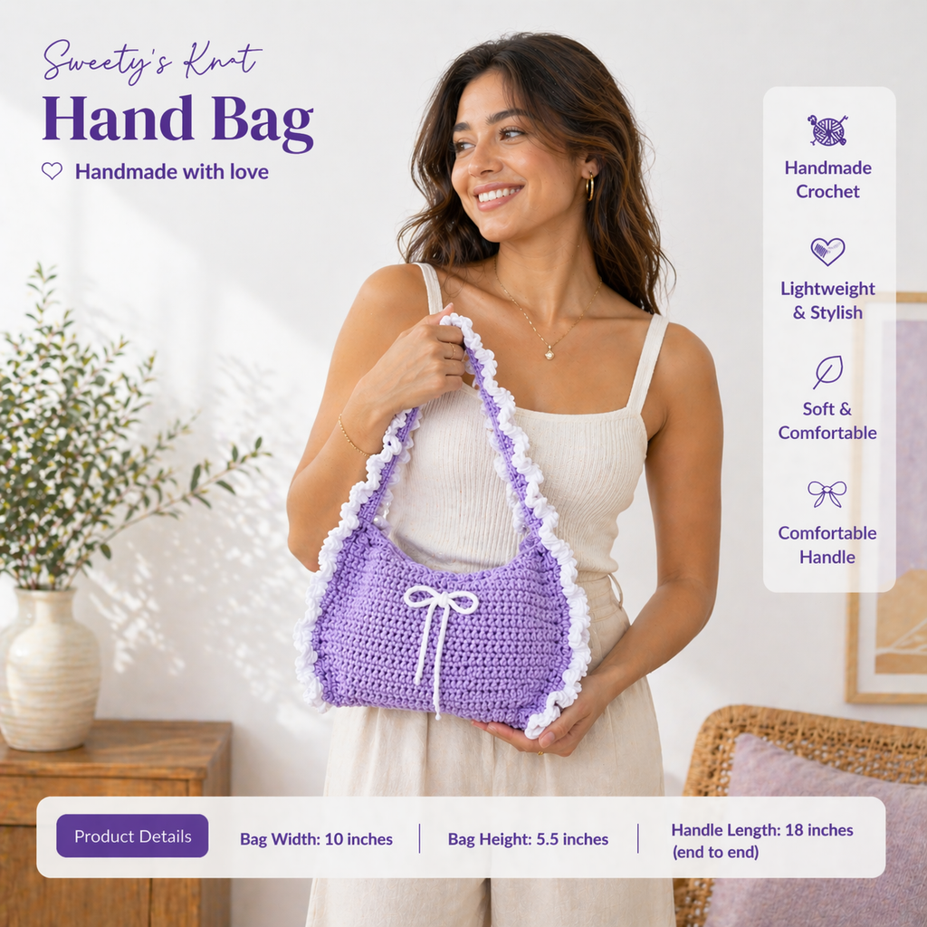 Handmade Crochet Shoulder Bag – With White Ruffle Trim | Aesthetic Handmade Purse (Sky Blue)