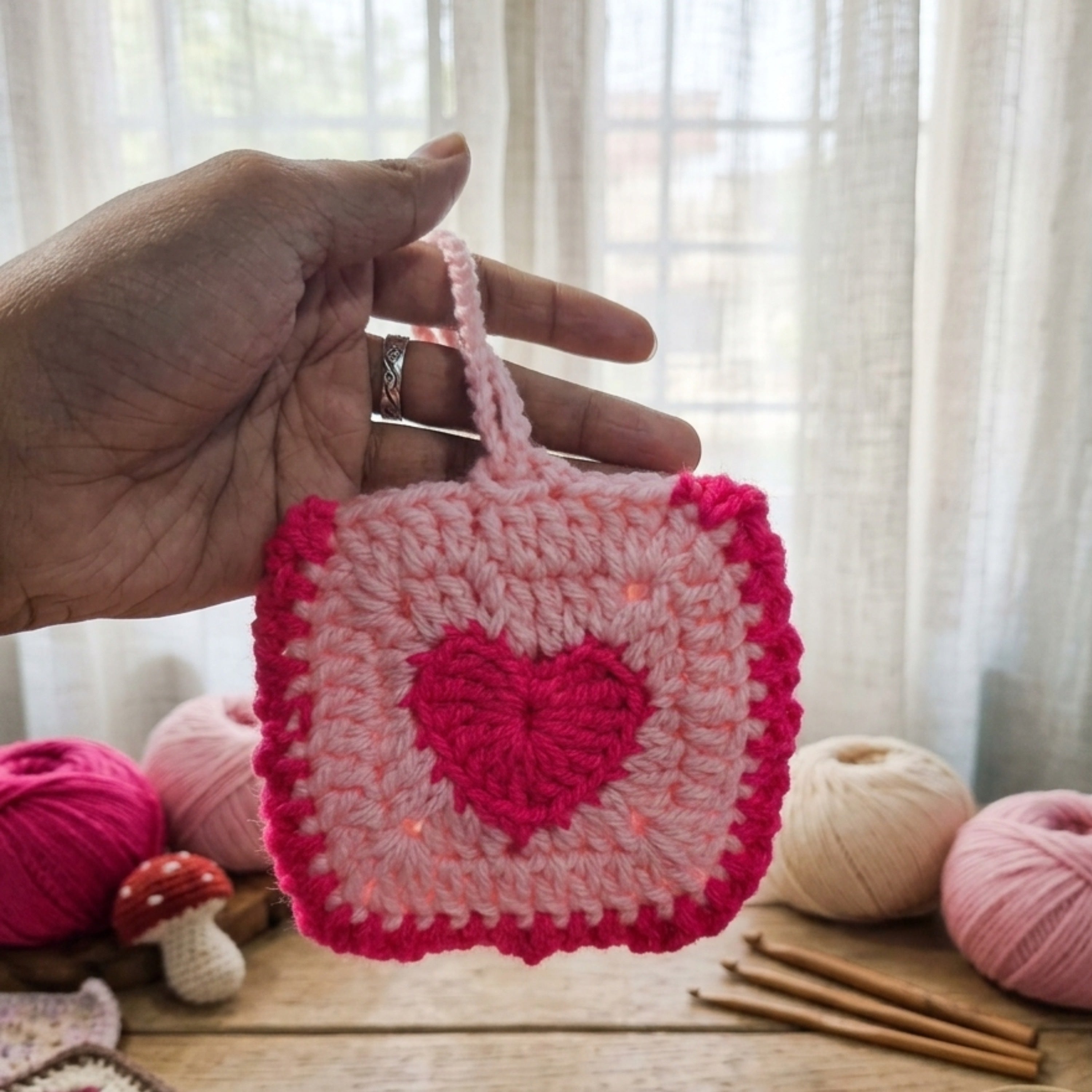 Handmade Crochet Heart Earbud Pouch (Cute & Protective Case - Pink)