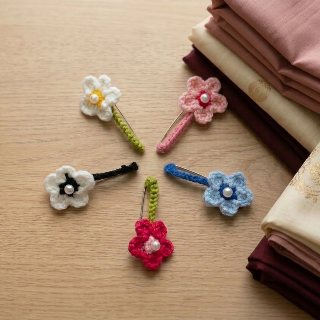 Handmade Crochet Flower Saree Pin (Elegant Floral Pins, Set of 5)